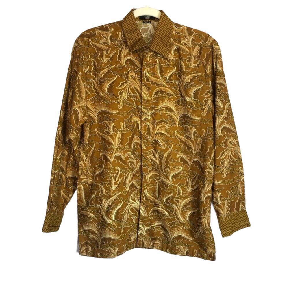 Retro Brown Paisley Geometric Batik Shirt Top L